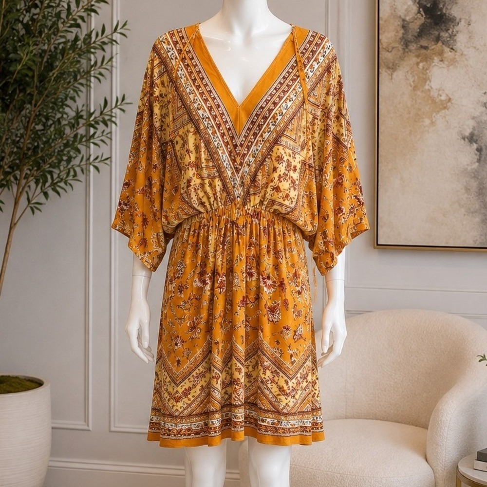 Andree by Unit Womens Dress Mustard Yellow Floral Boho V-Neck Large